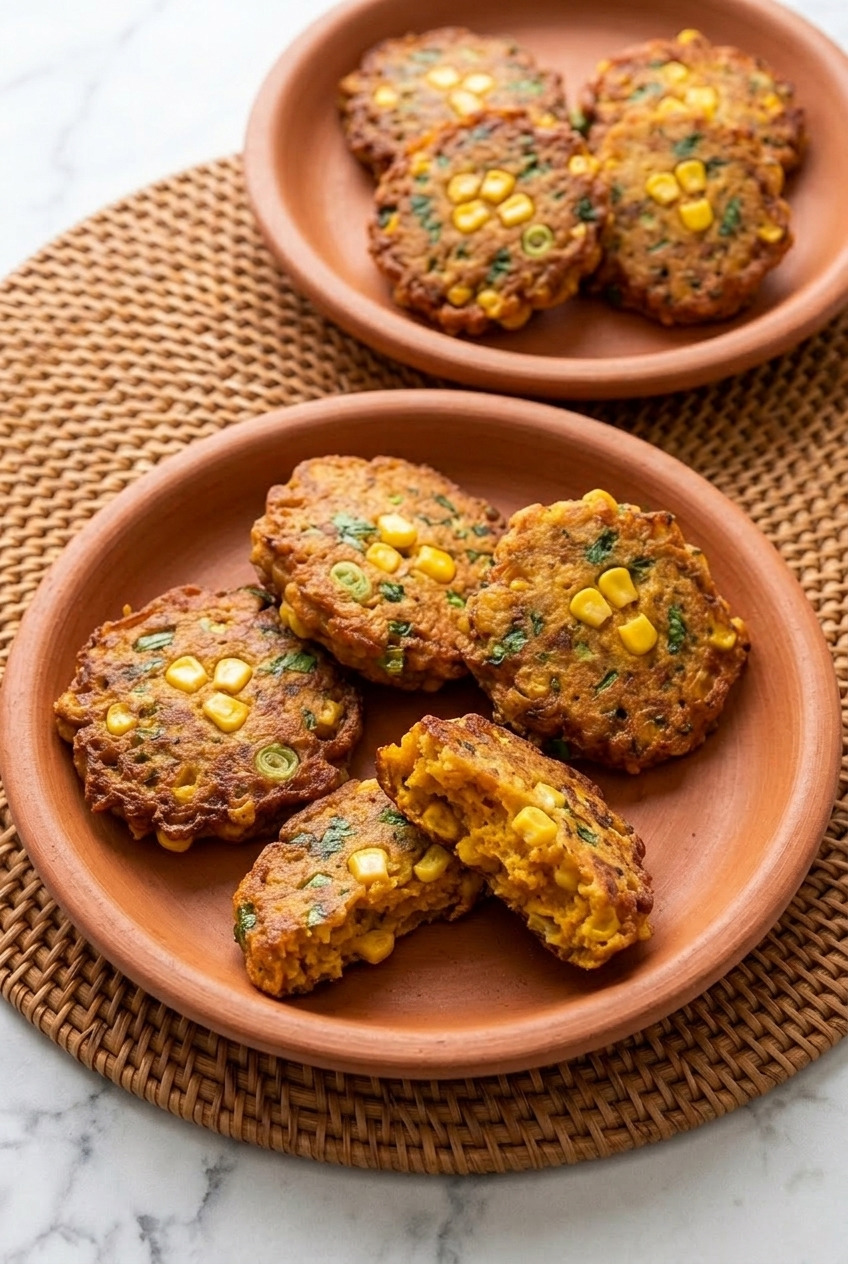 sweet potato and corn fritters dinner scene
