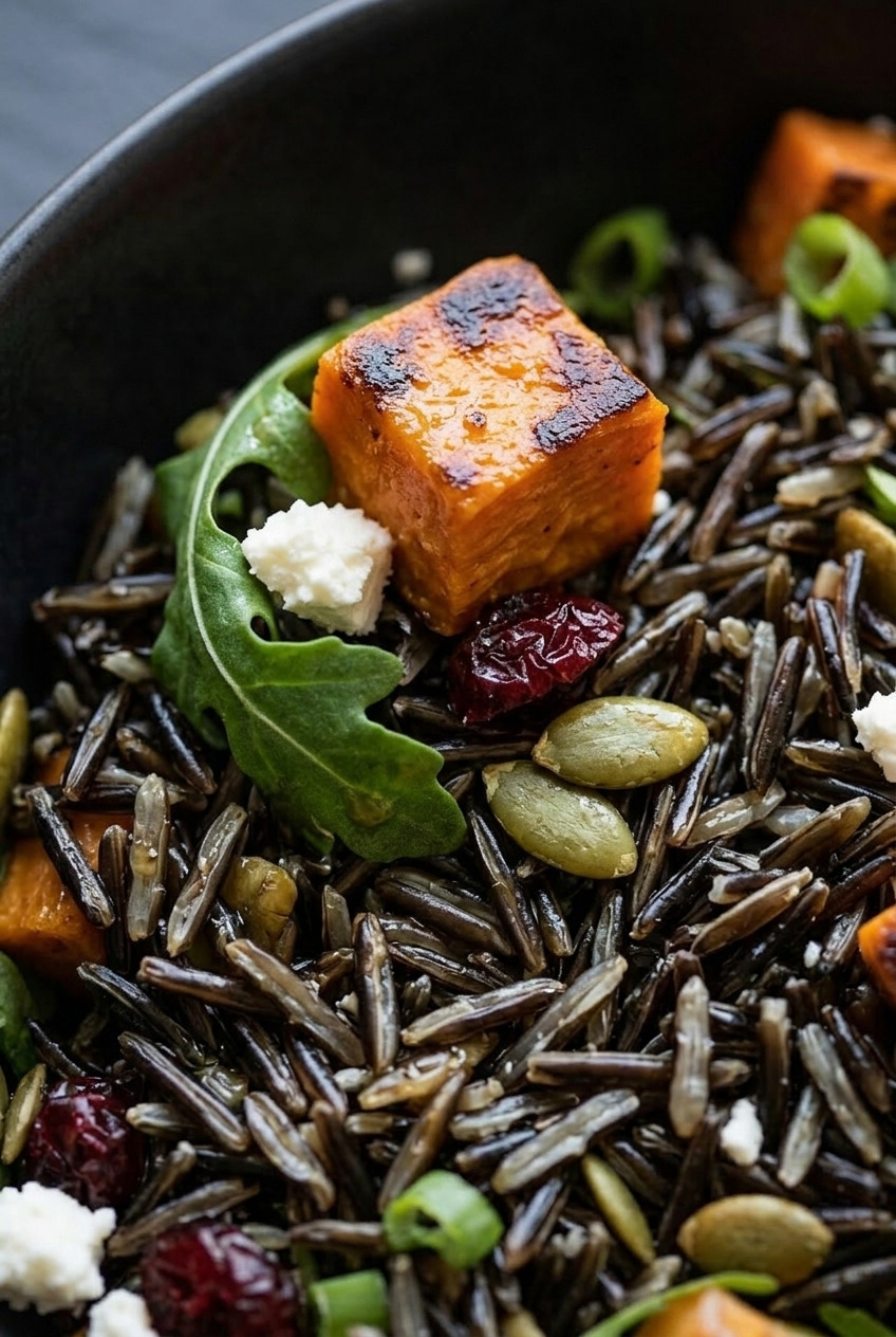 sweet potato and wild rice salad with ginger dressing close up
