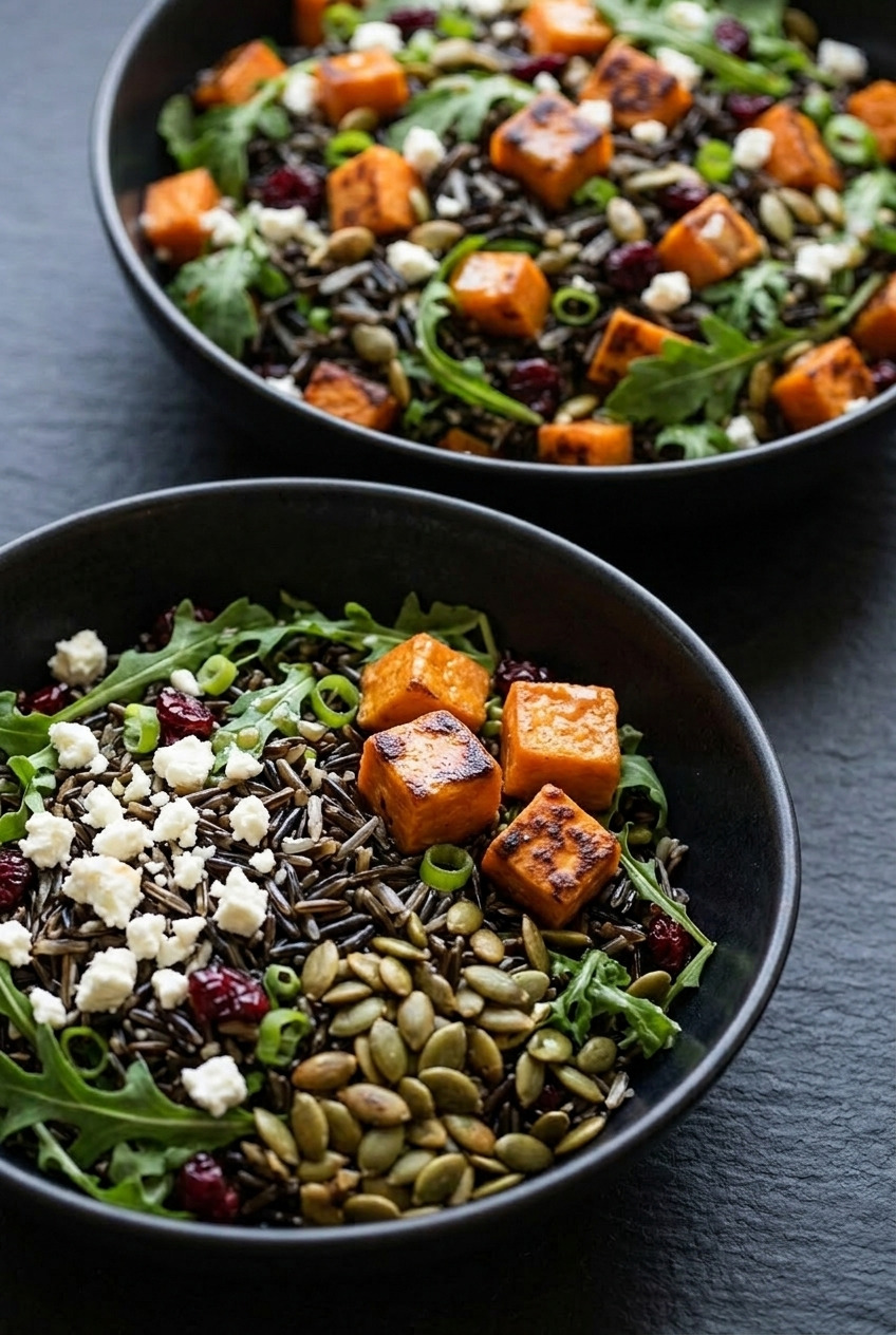 sweet potato and wild rice salad with ginger dressing dinner scene