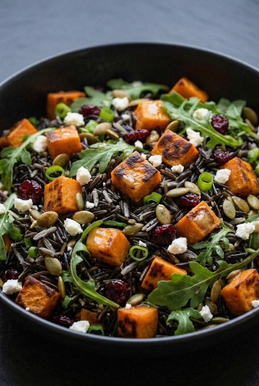 sweet potato and wild rice salad with ginger dressing side view