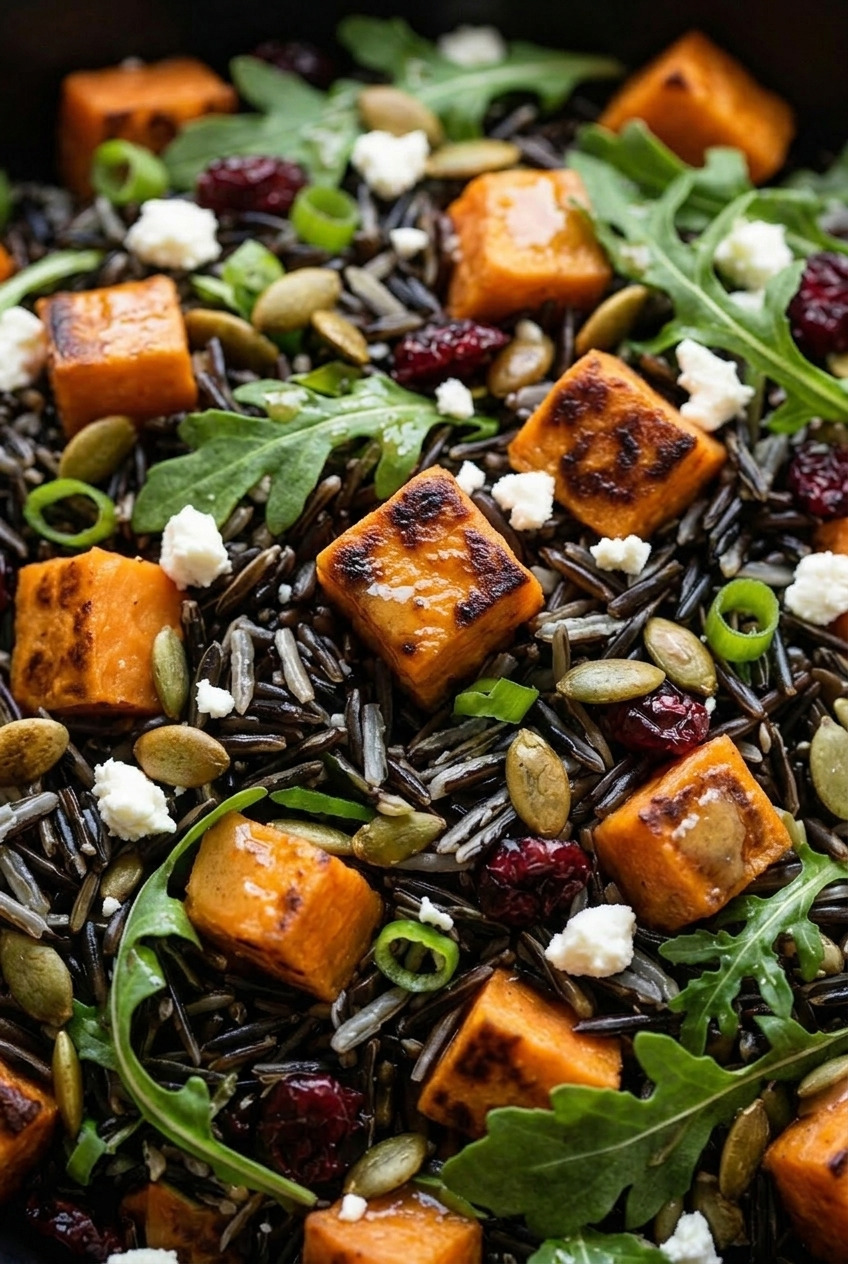 sweet potato and wild rice salad with ginger dressing served