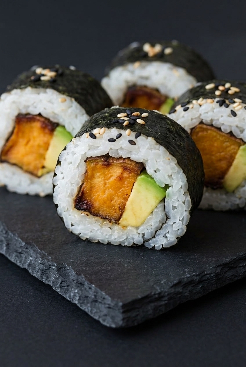 sweet potato avocado sushi rolls close up