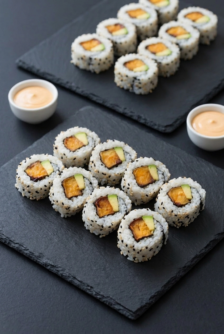 sweet potato avocado sushi rolls dinner scene