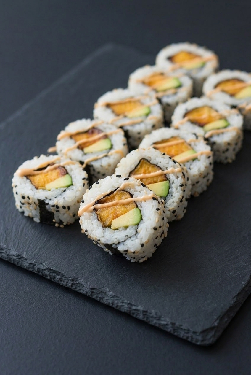 sweet potato avocado sushi rolls side view
