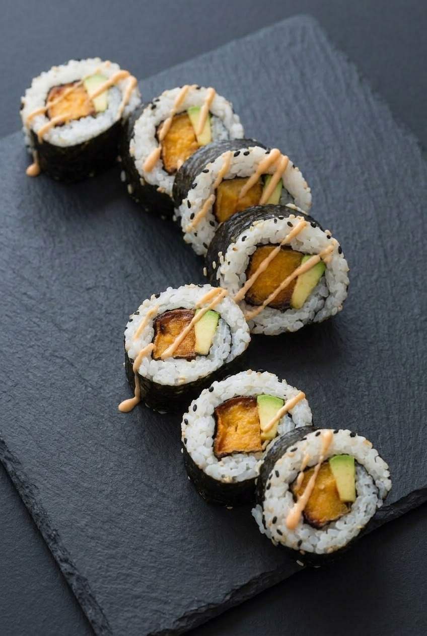 sweet potato avocado sushi rolls served