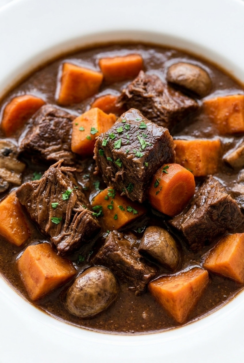 sweet potato beef stew served