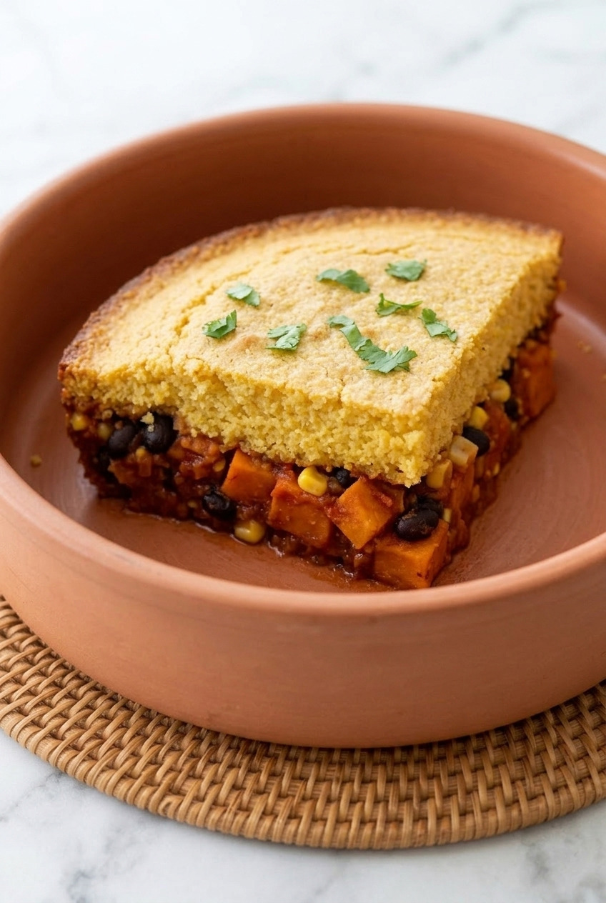 sweet potato black bean tamale pie served