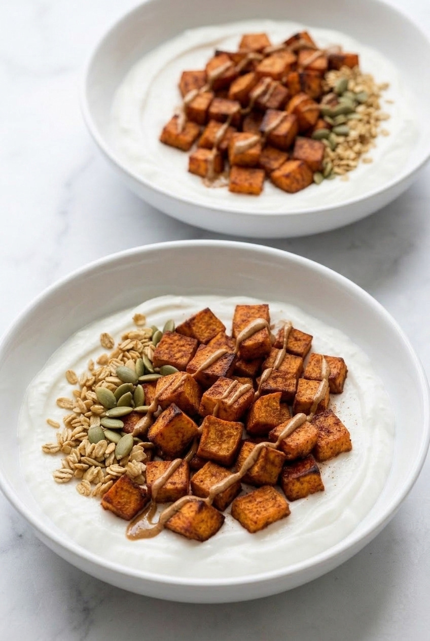sweet potato breakfast bowl with greek yogurt dinner scene