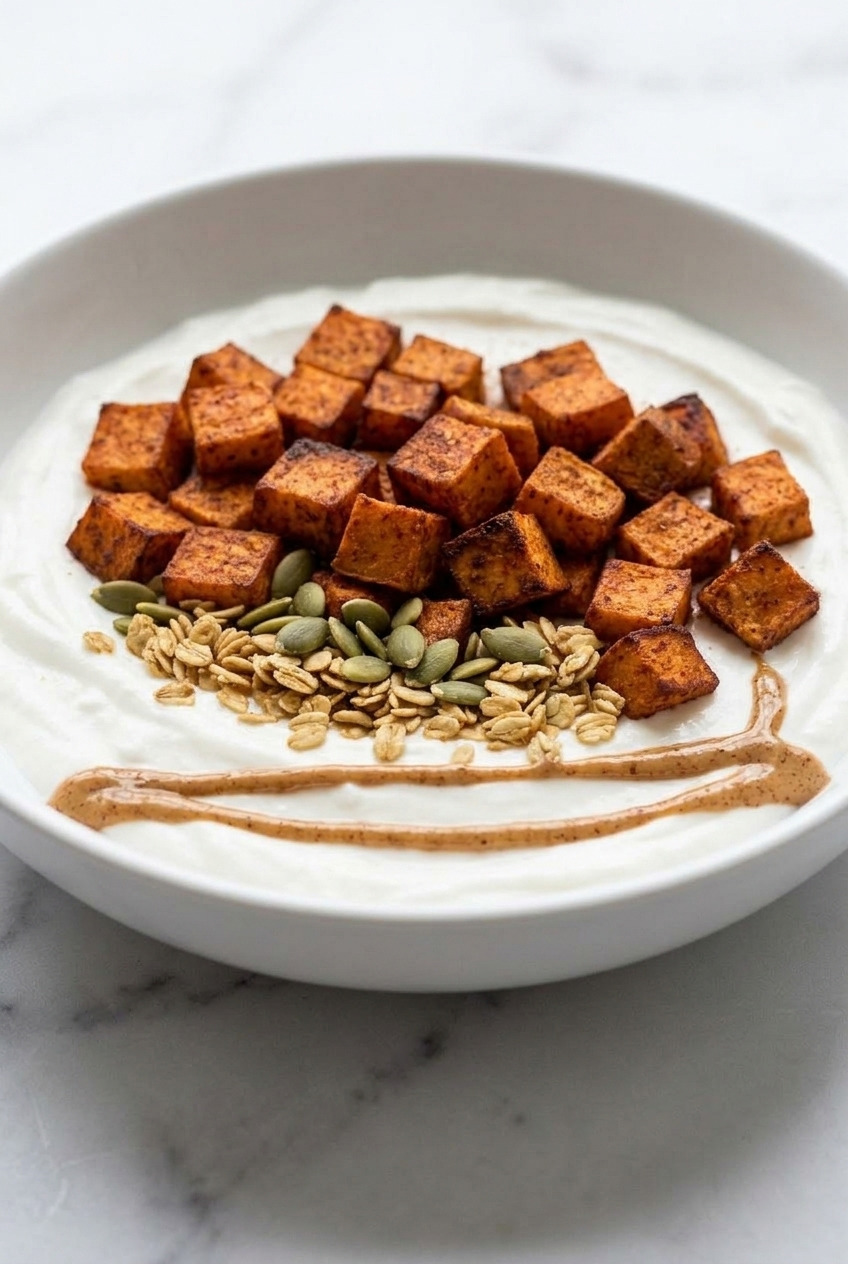 sweet potato breakfast bowl with greek yogurt side view