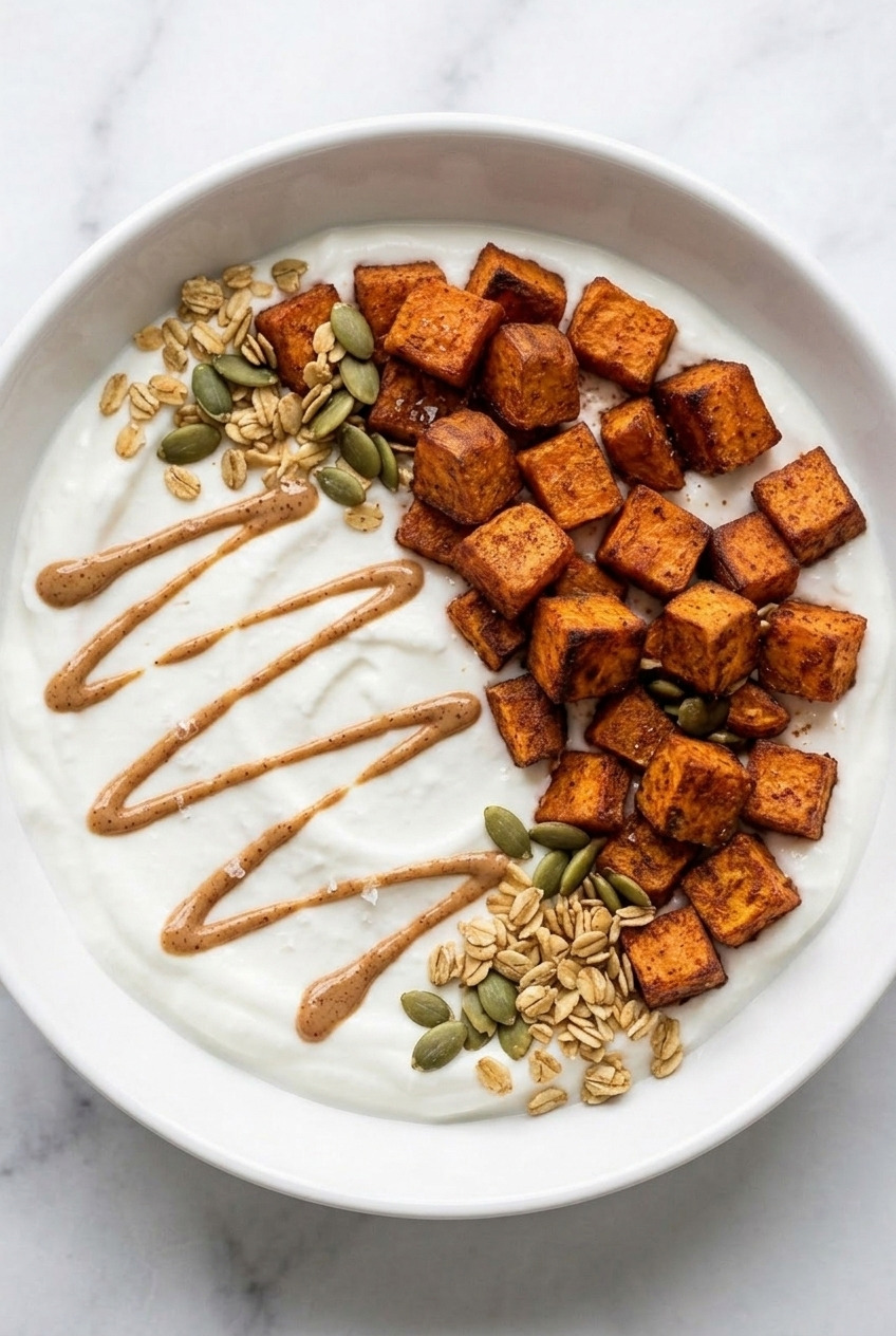 sweet potato breakfast bowl with greek yogurt served