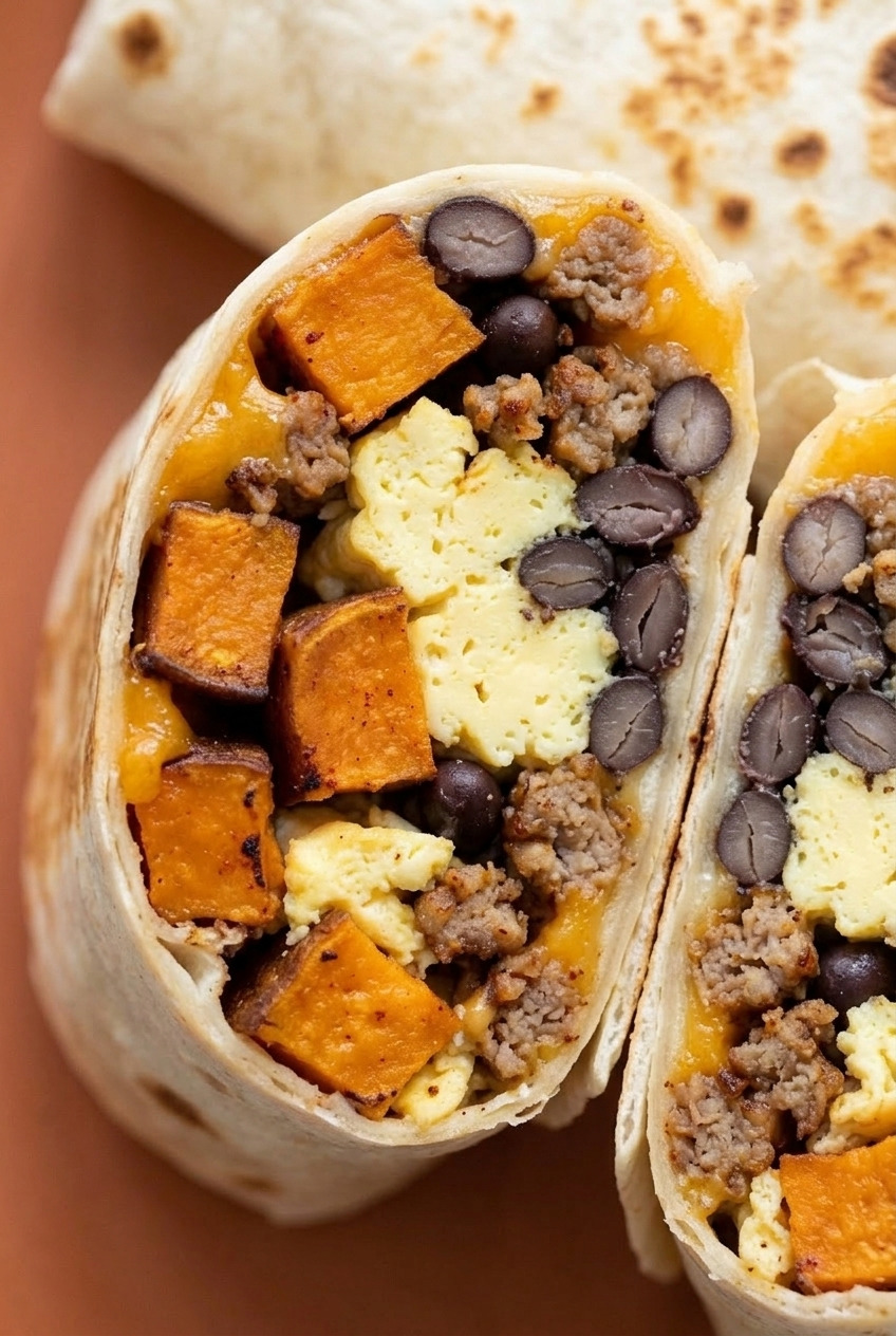 sweet potato breakfast burritos close up