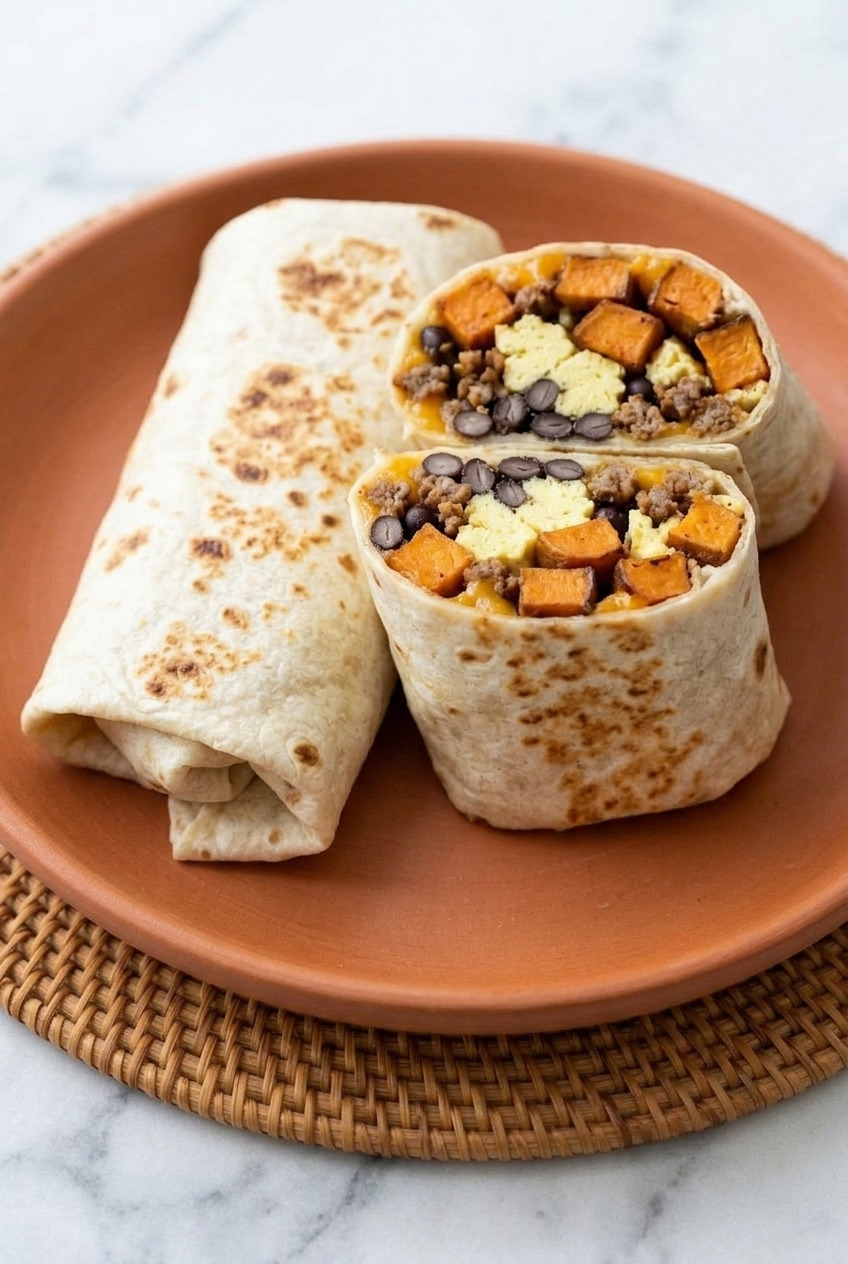sweet potato breakfast burritos side view