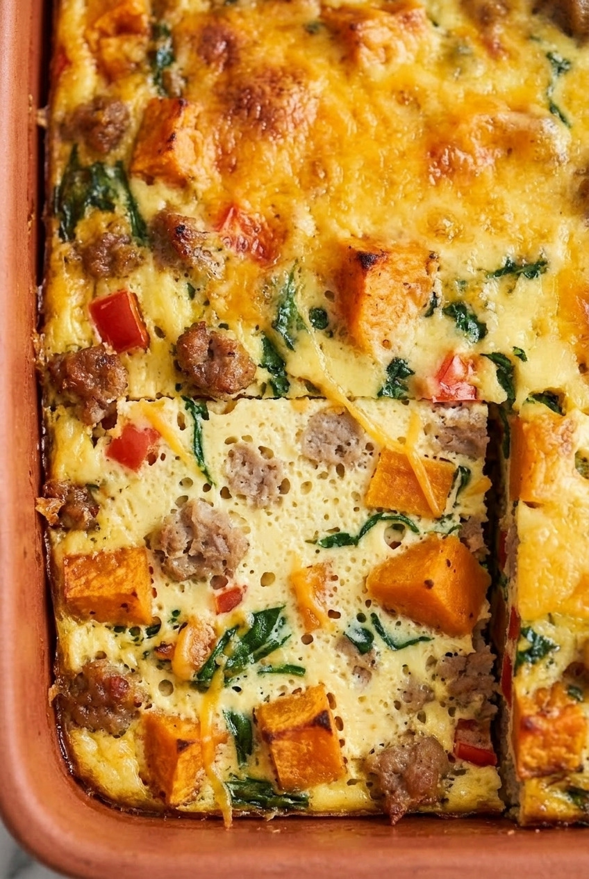 sweet potato breakfast casserole with sausage and eggs close up
