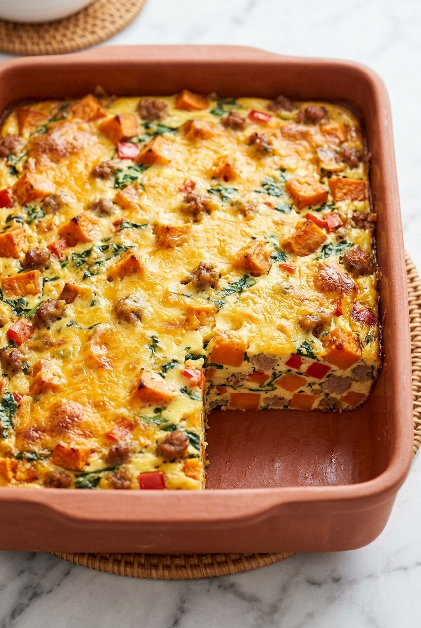 sweet potato breakfast casserole with sausage and eggs