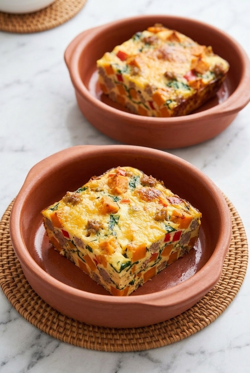 sweet potato breakfast casserole with sausage and eggs dinner scene