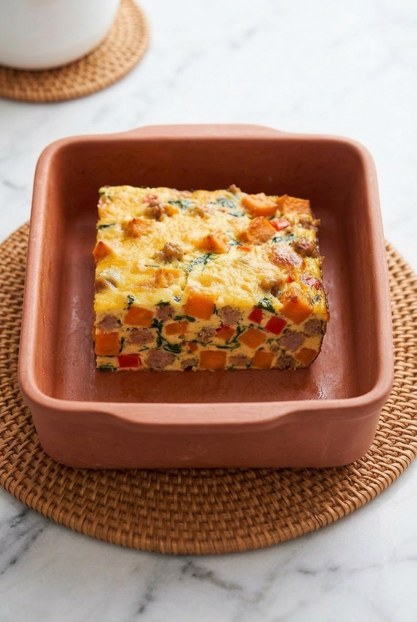 sweet potato breakfast casserole with sausage and eggs side view