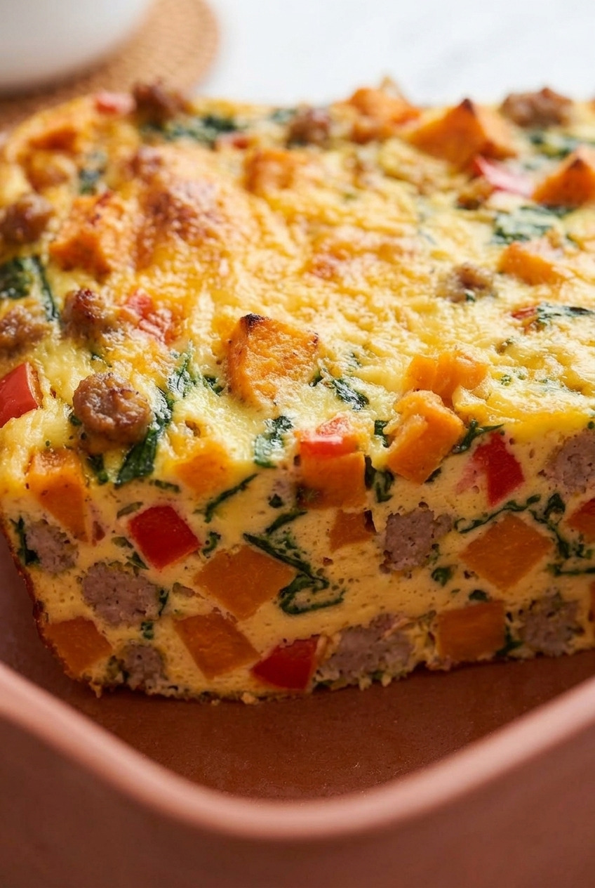 sweet potato breakfast casserole with sausage and eggs served