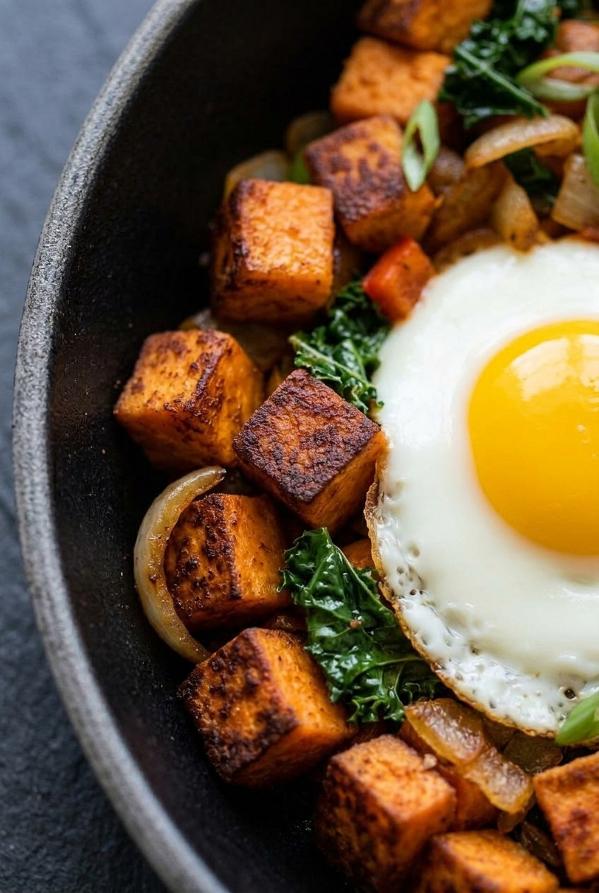 sweet potato breakfast hash with fried eggs close up