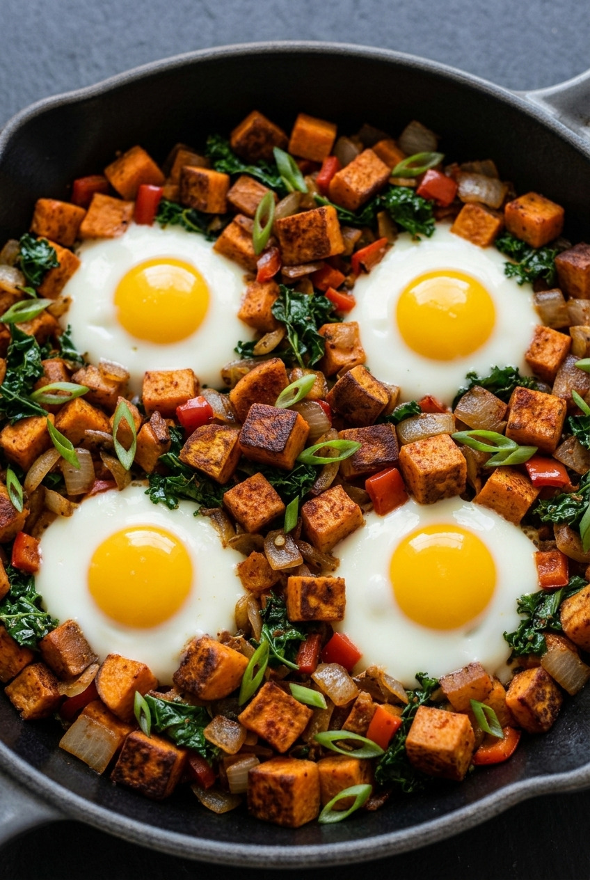 sweet potato breakfast hash with fried eggs
