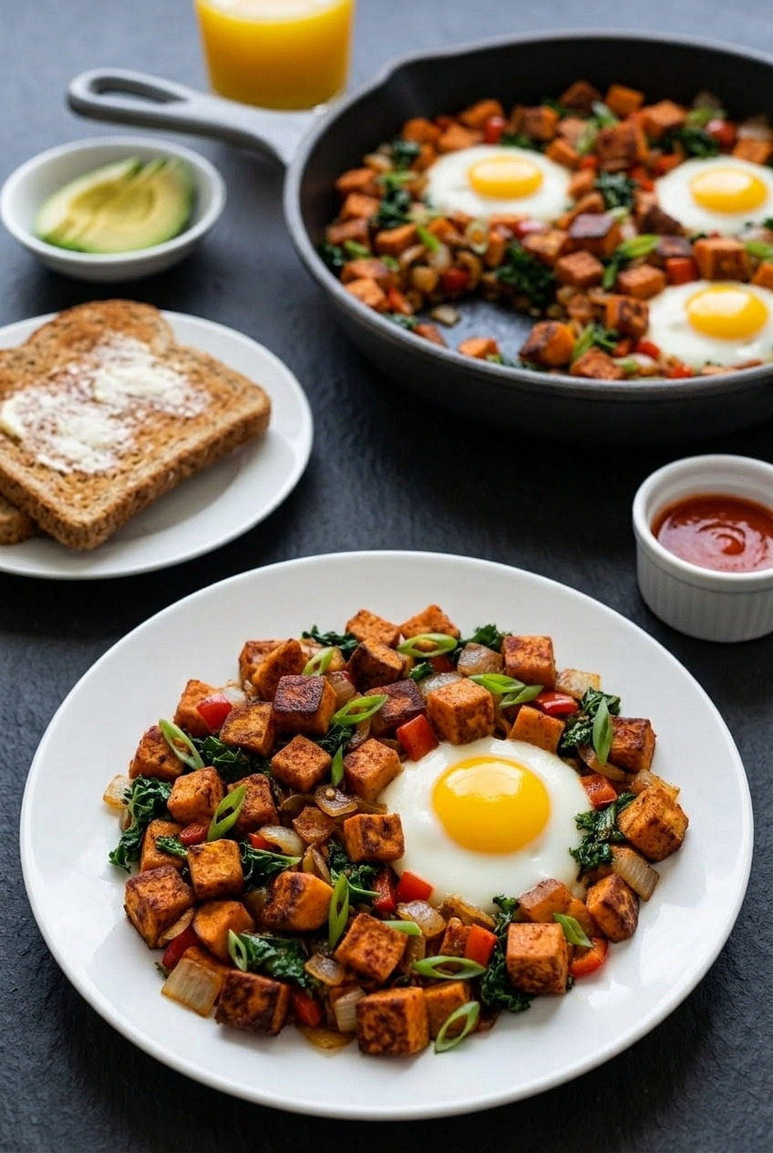 sweet potato breakfast hash with fried eggs complete meal