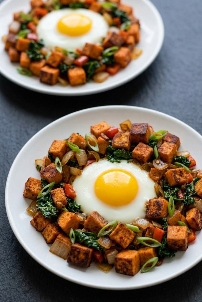 sweet potato breakfast hash with fried eggs dinner scene