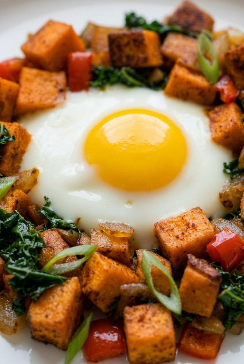 sweet potato breakfast hash with fried eggs side view