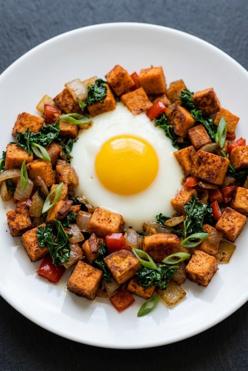 sweet potato breakfast hash with fried eggs served