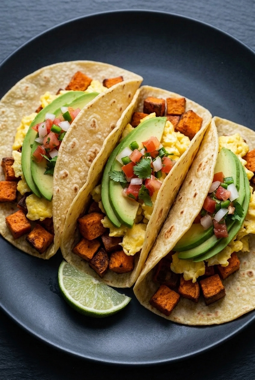 sweet potato breakfast tacos served