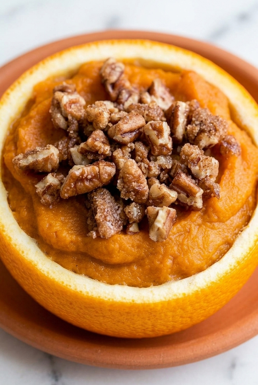 sweet potato casserole stuffed into orange cups close up