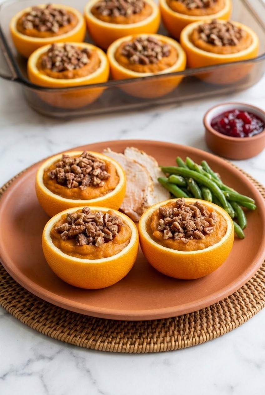 sweet potato casserole stuffed into orange cups complete meal