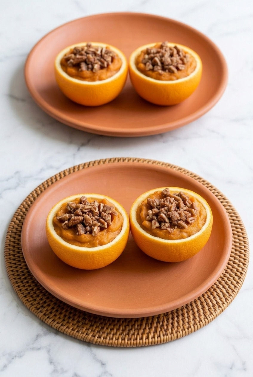 sweet potato casserole stuffed into orange cups dinner scene