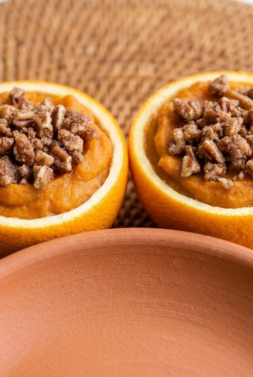 sweet potato casserole stuffed into orange cups side view