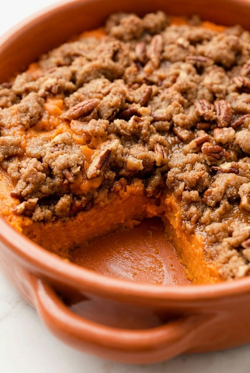 sweet potato casserole with brown sugar pecan streusel close up