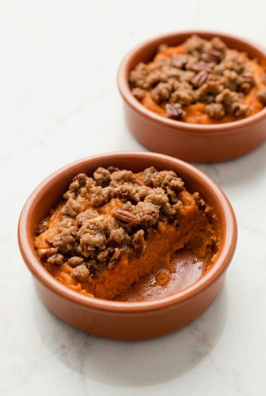 sweet potato casserole with brown sugar pecan streusel dinner scene