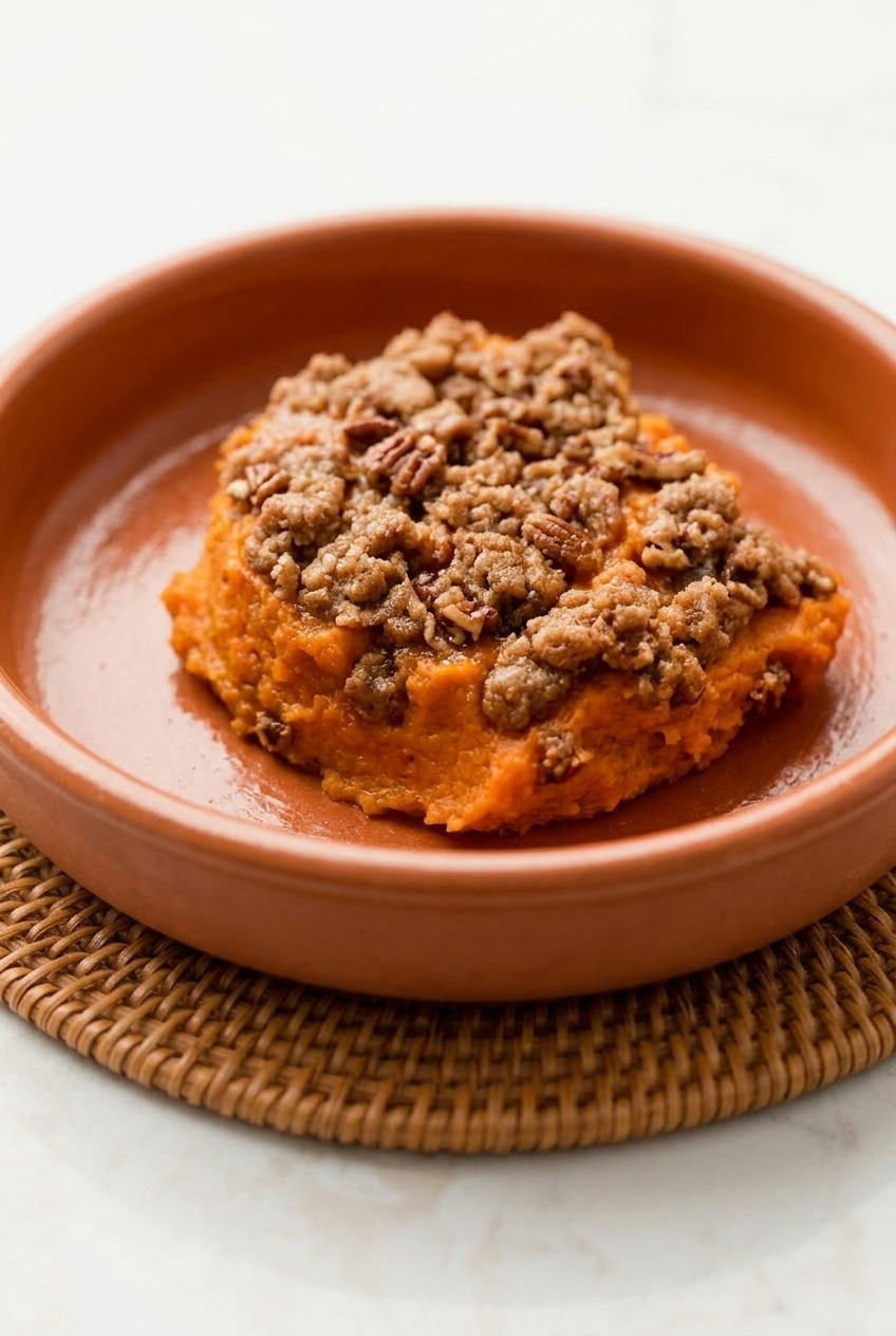sweet potato casserole with brown sugar pecan streusel side view