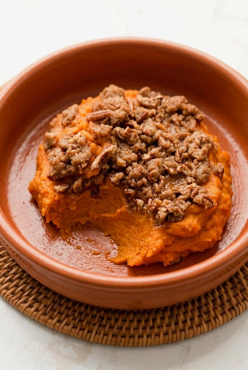 sweet potato casserole with brown sugar pecan streusel served