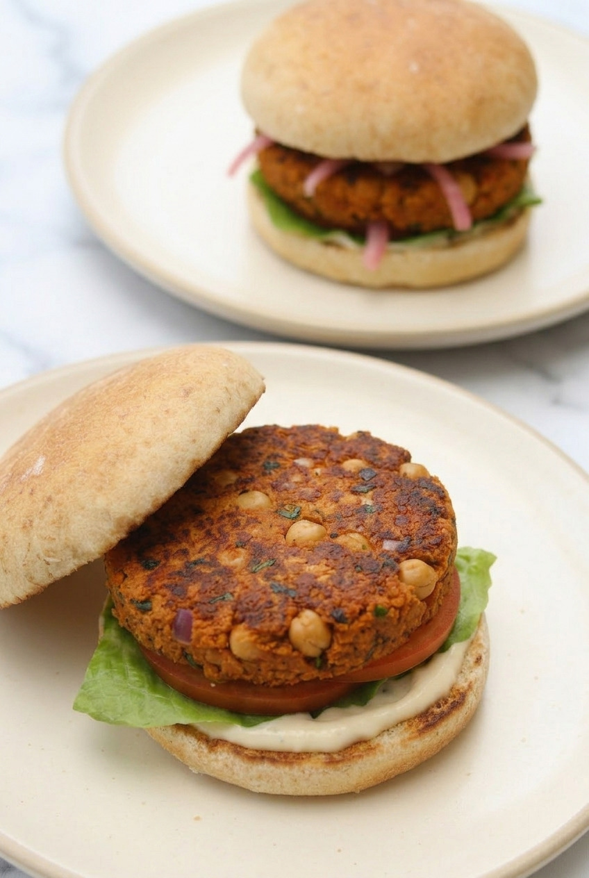 sweet potato chickpea burgers dinner scene
