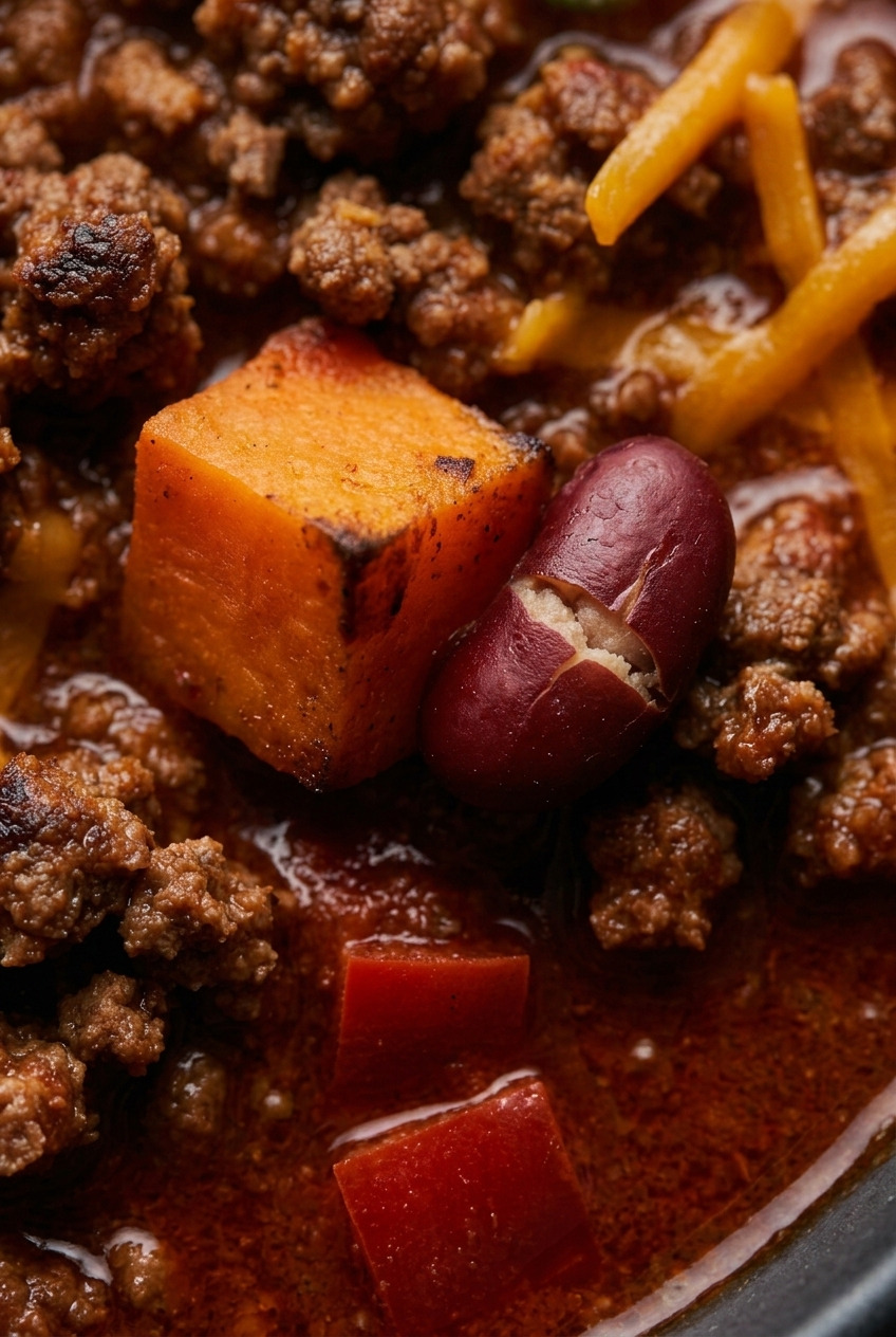 sweet potato chili with ground beef close up