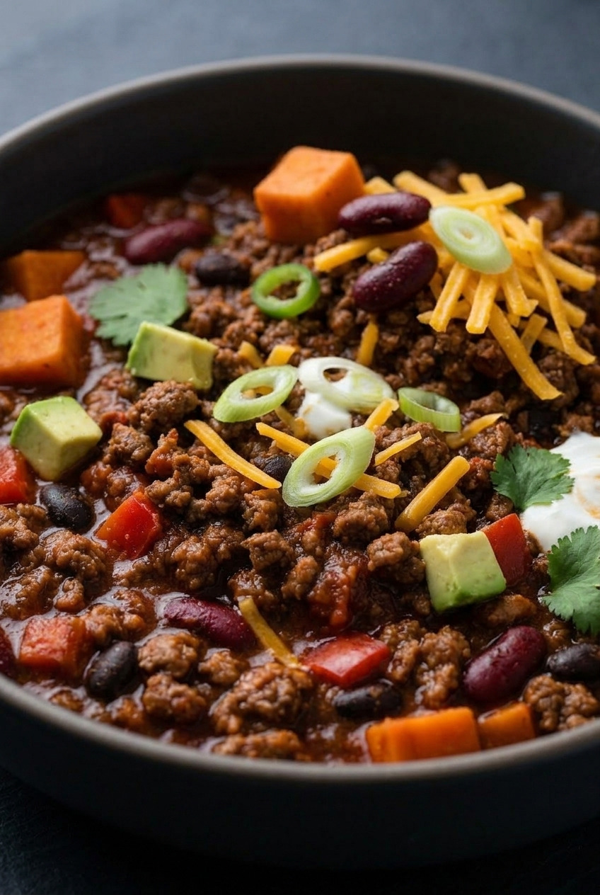 sweet potato chili with ground beef side view