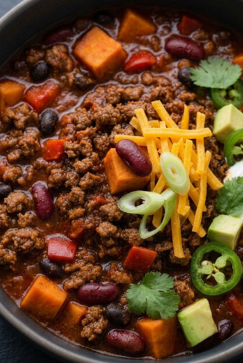 sweet potato chili with ground beef served