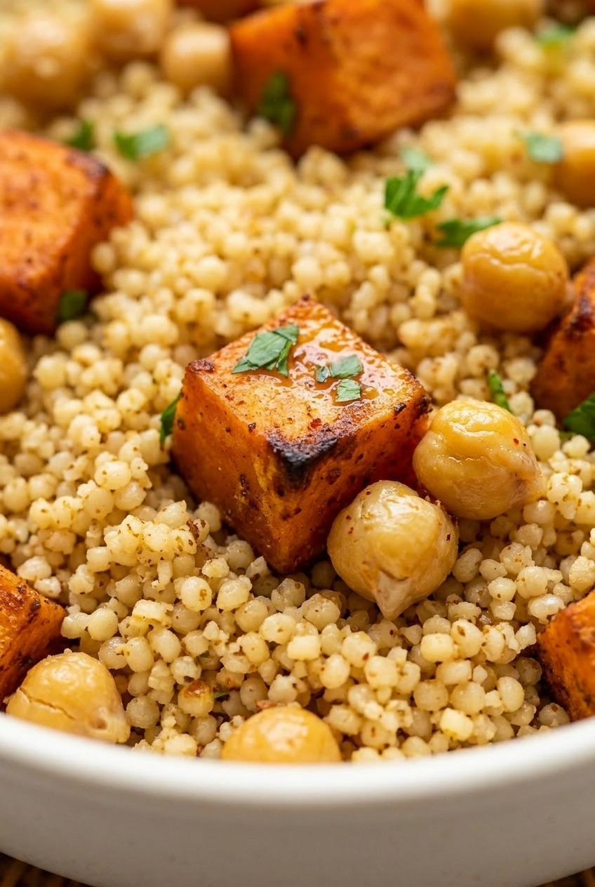 sweet potato couscous salad with chickpeas close up