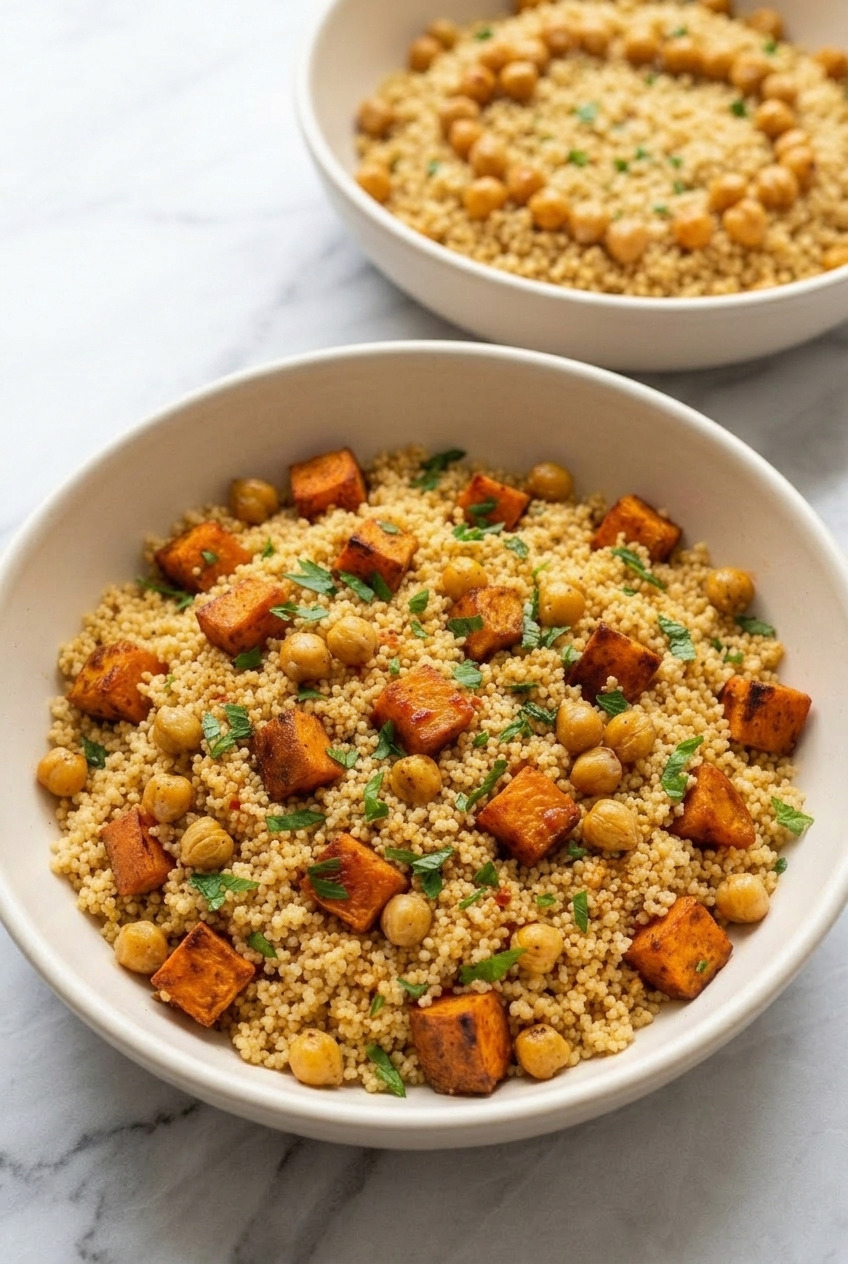 sweet potato couscous salad with chickpeas dinner scene