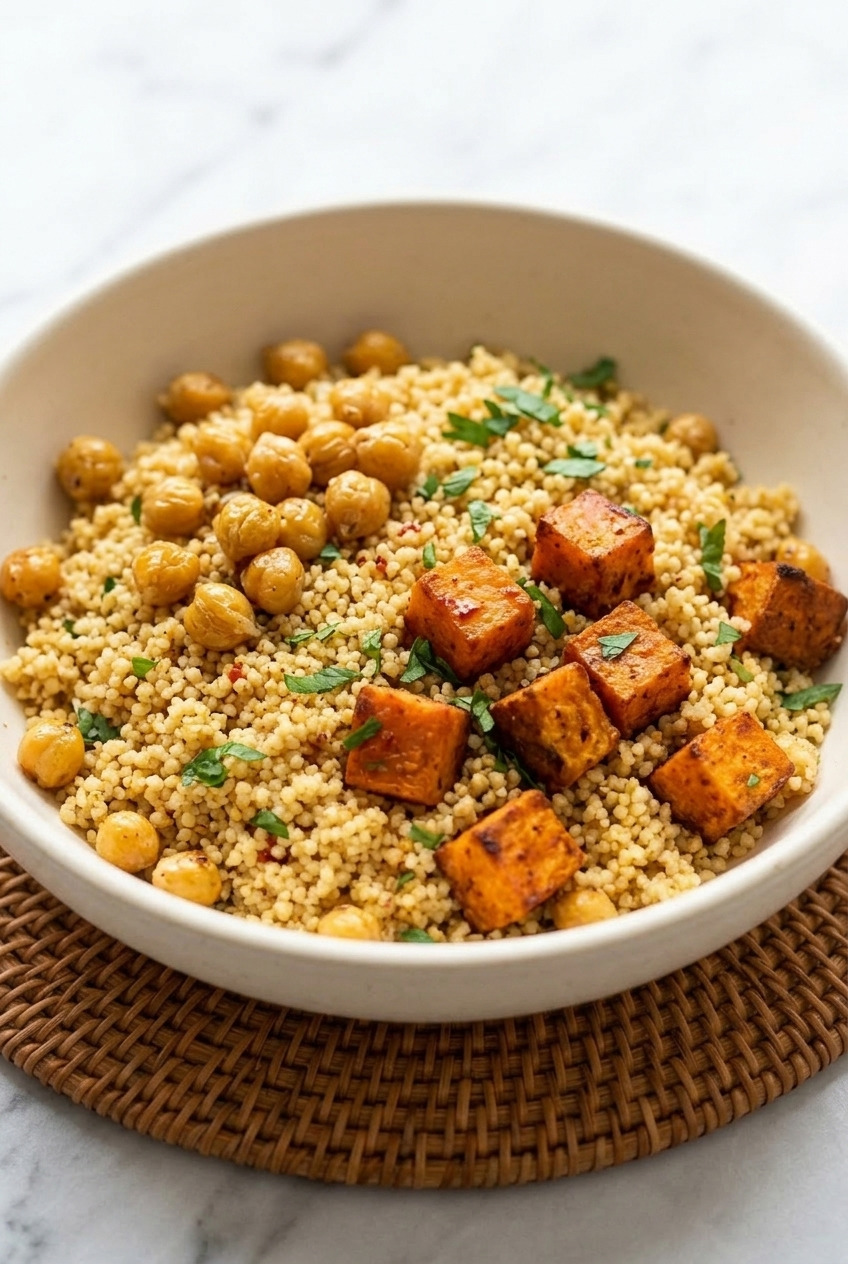 sweet potato couscous salad with chickpeas side view