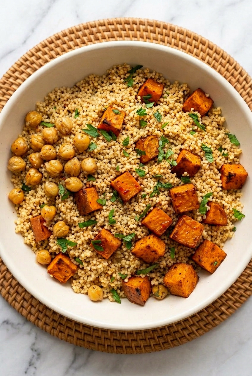 sweet potato couscous salad with chickpeas served
