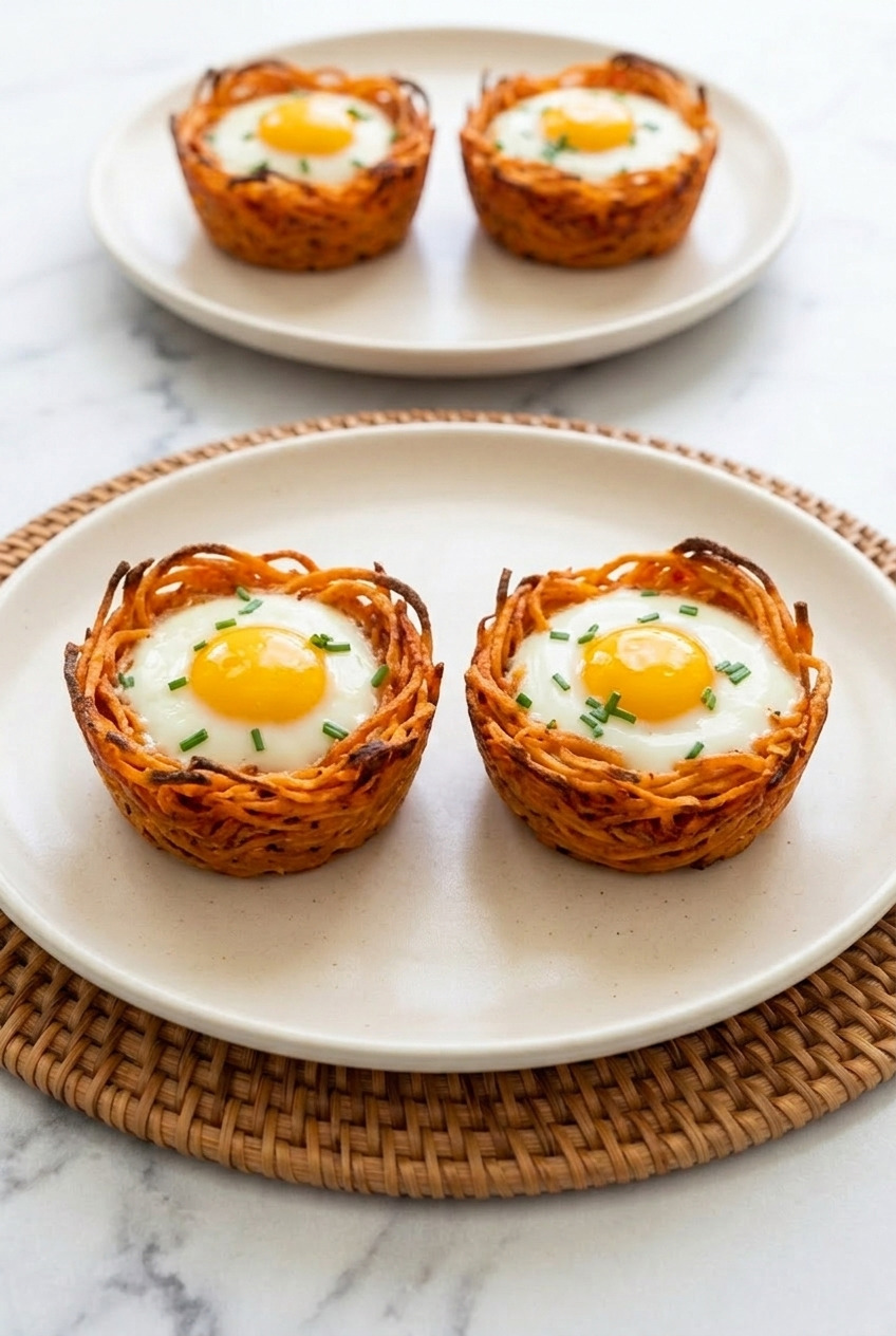sweet potato egg nests dinner scene