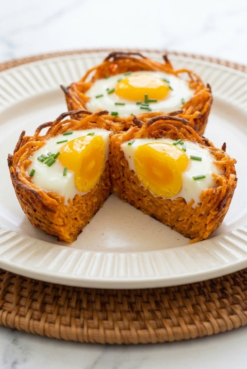 sweet potato egg nests served
