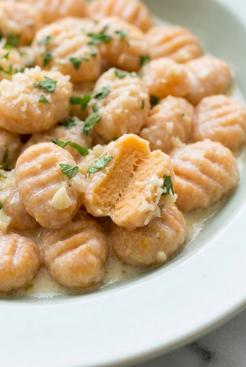 sweet potato gnocchi with creamy garlic parmesan sauce close up