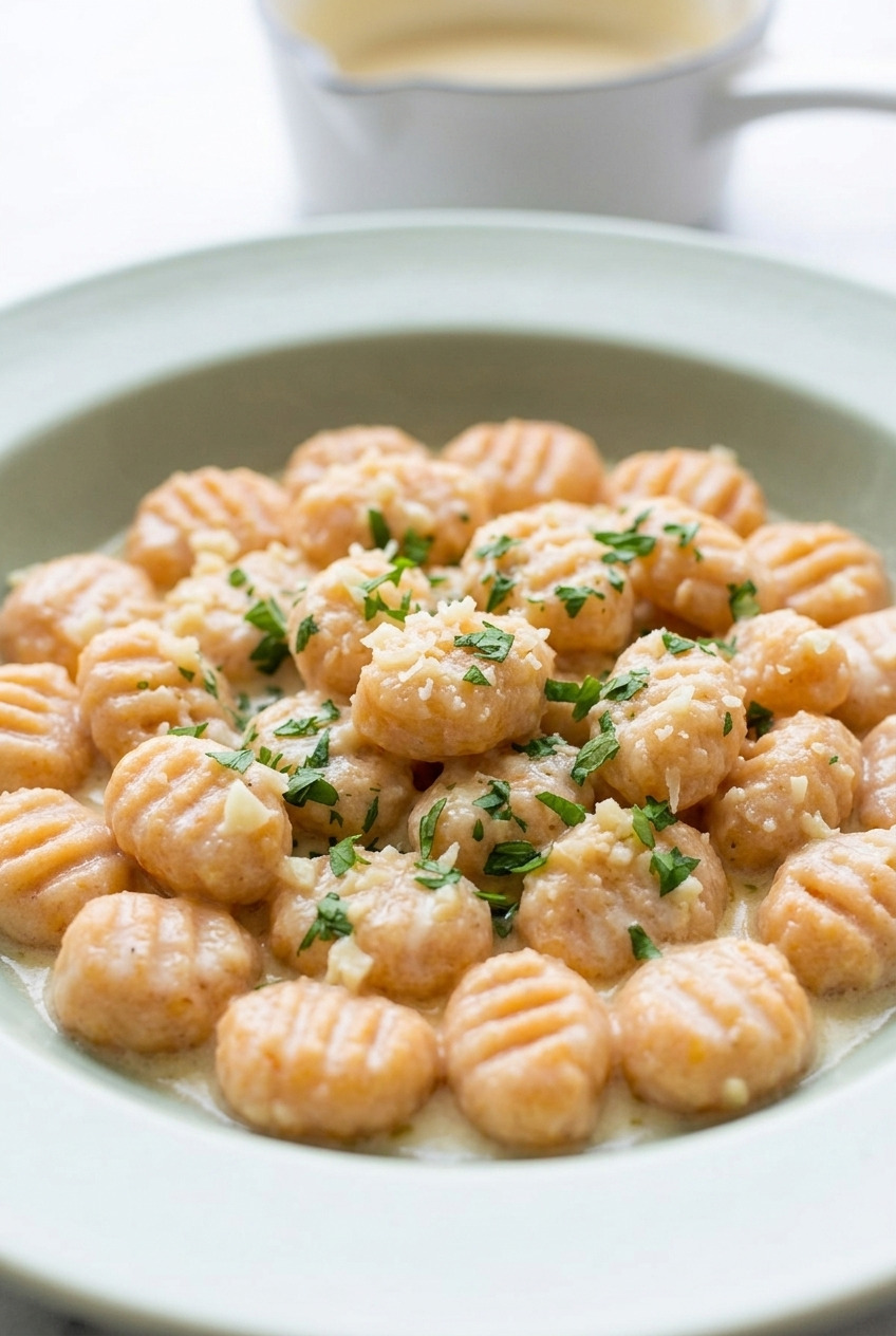 sweet potato gnocchi with creamy garlic parmesan sauce