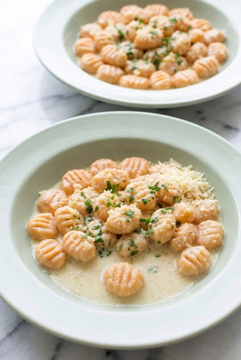 sweet potato gnocchi with creamy garlic parmesan sauce dinner scene