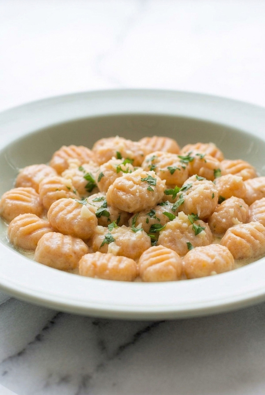 sweet potato gnocchi with creamy garlic parmesan sauce side view